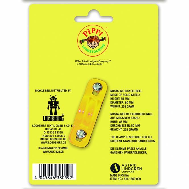 Logoshirt Pippi Langstrumpf - Gesicht - Fahrradklingel Retro - Groß - Ø 80 Mm - Gelb