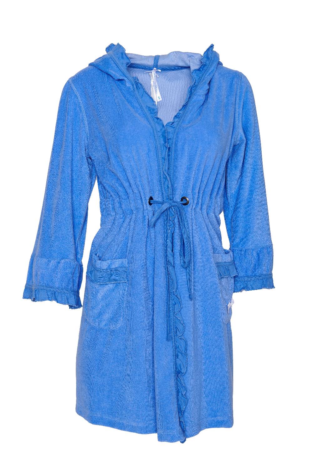 Louis & Louisa Bademantel Damen, blau mit Rüsche, KURZ