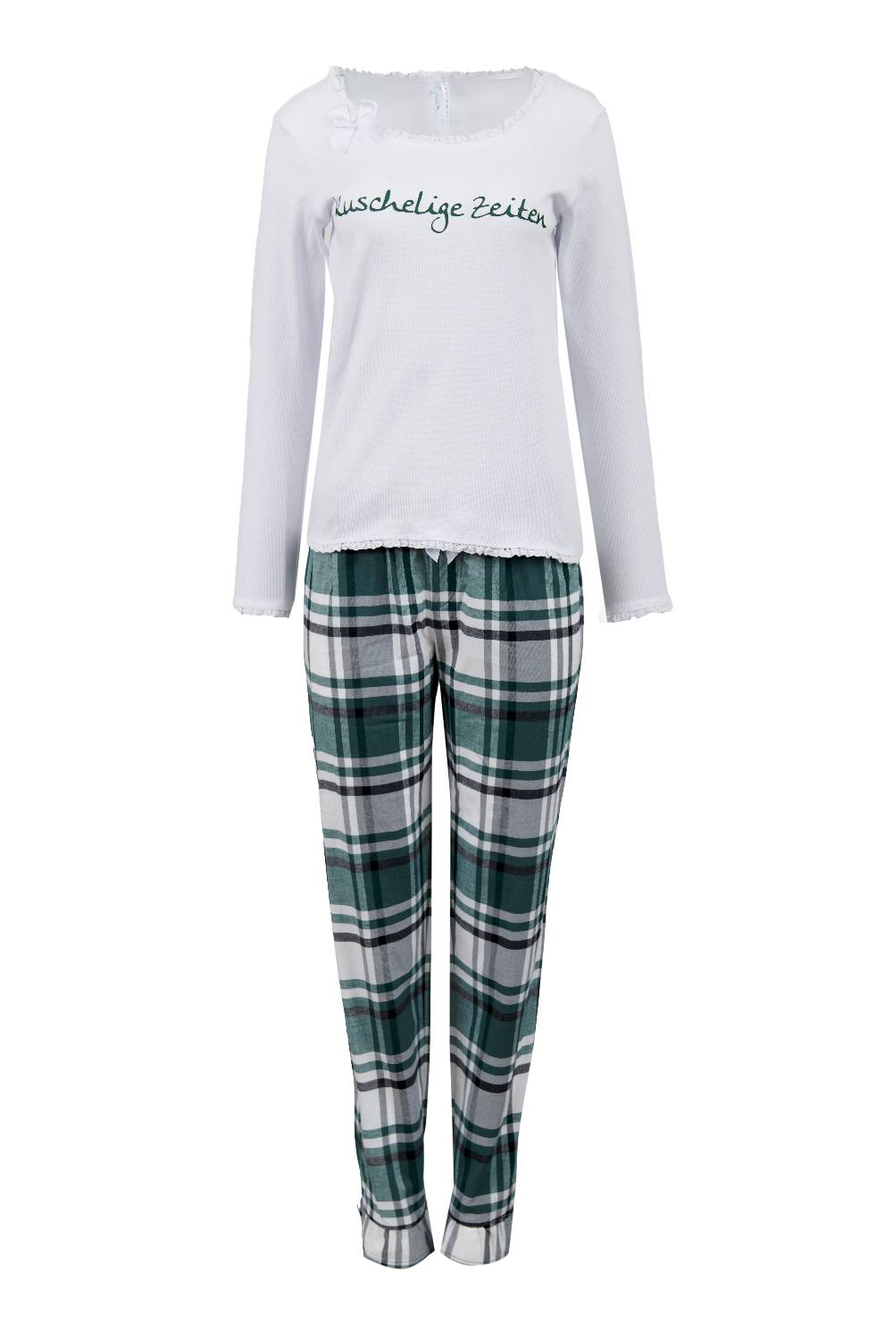 Louis & Louisa Pyjama Damen Basic "Kuschelige Zeiten", weiß Rippe/ Flanell