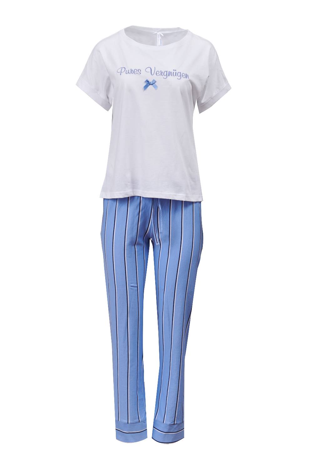 Louis & Louisa Pyjama Damen Basic "Pures Vergnügen", weiß/ blau gestreift