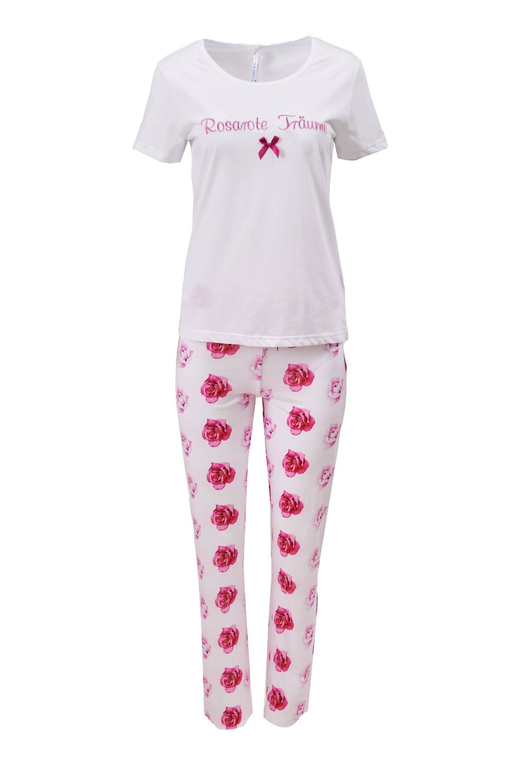 Louis & Louisa Pyjama Damen Basic "Rosarote Träume", weiß/ weiß allover