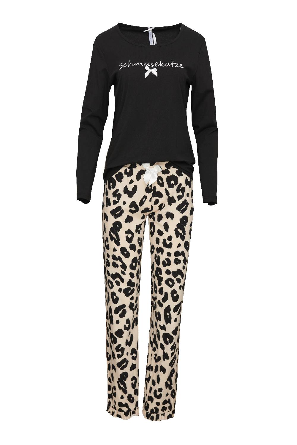 Louis & Louisa Pyjama Damen Basic "Schmusekatze", schwarz / leo allover