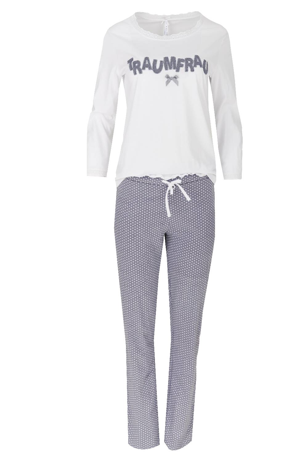 Louis & Louisa Pyjama Damen Basic "Traumfrau", weiß / grau allover