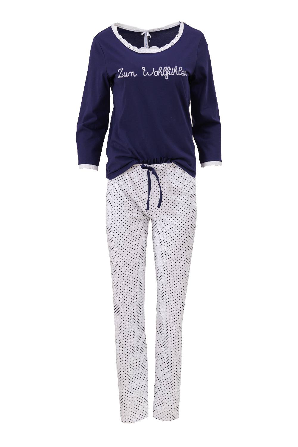 Louis & Louisa Pyjama Damen Basic "Zum Wohlfühlen", blau/ weiß-blau Pünktchen