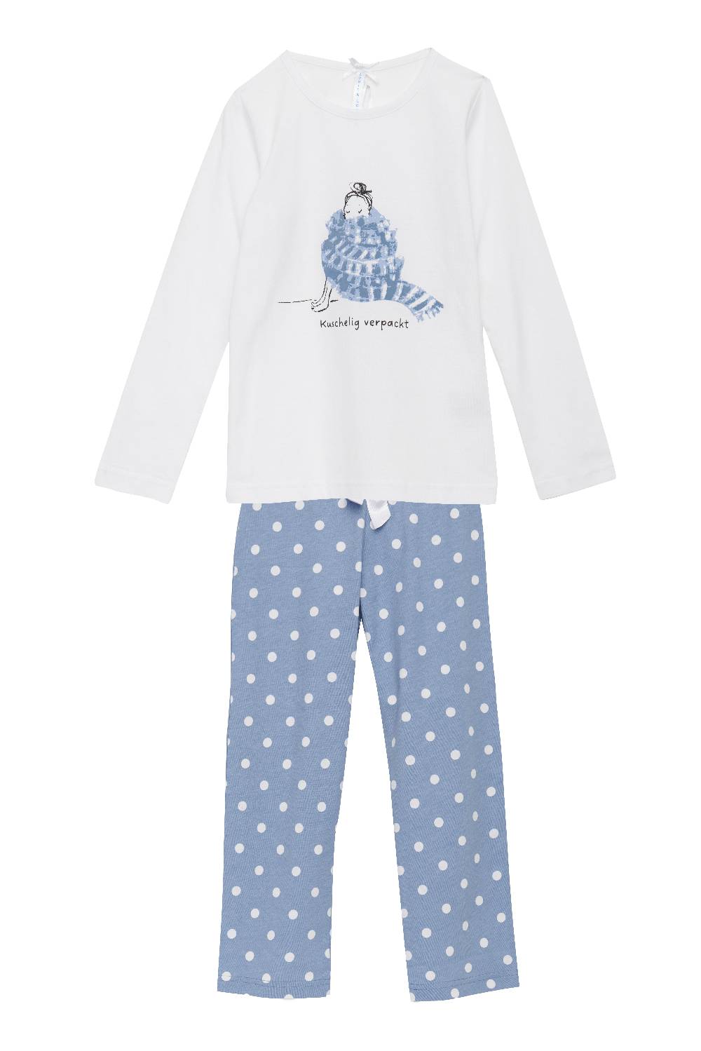 Louis & Louisa Pyjama Kinder Basic "Mädchen mit Schal", weiß / blau allover