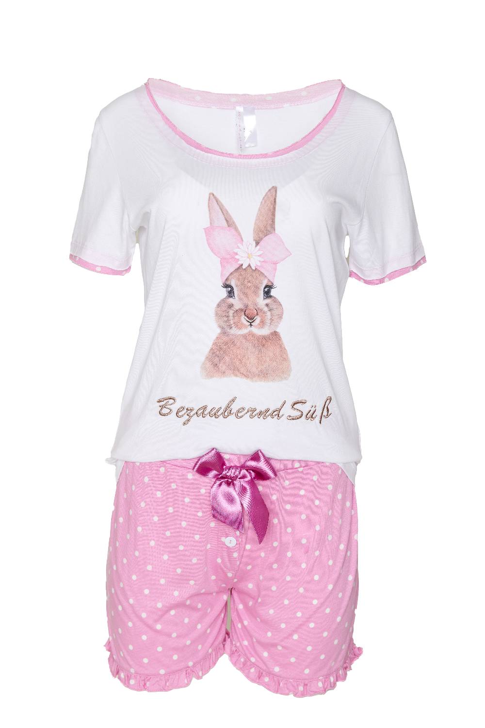 Louis & Louisa Short-Set Damen "Hase Druck", weiß / rosa allover
