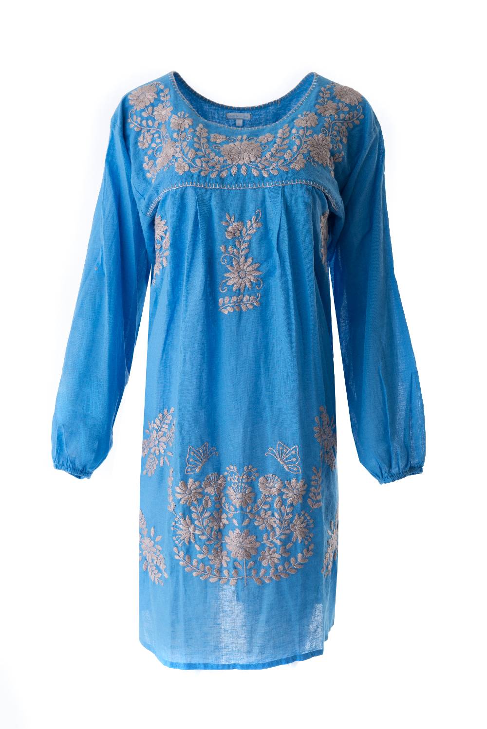 Louis & Louisa Tunika handbestickt, Damen, blau / beige, langarm