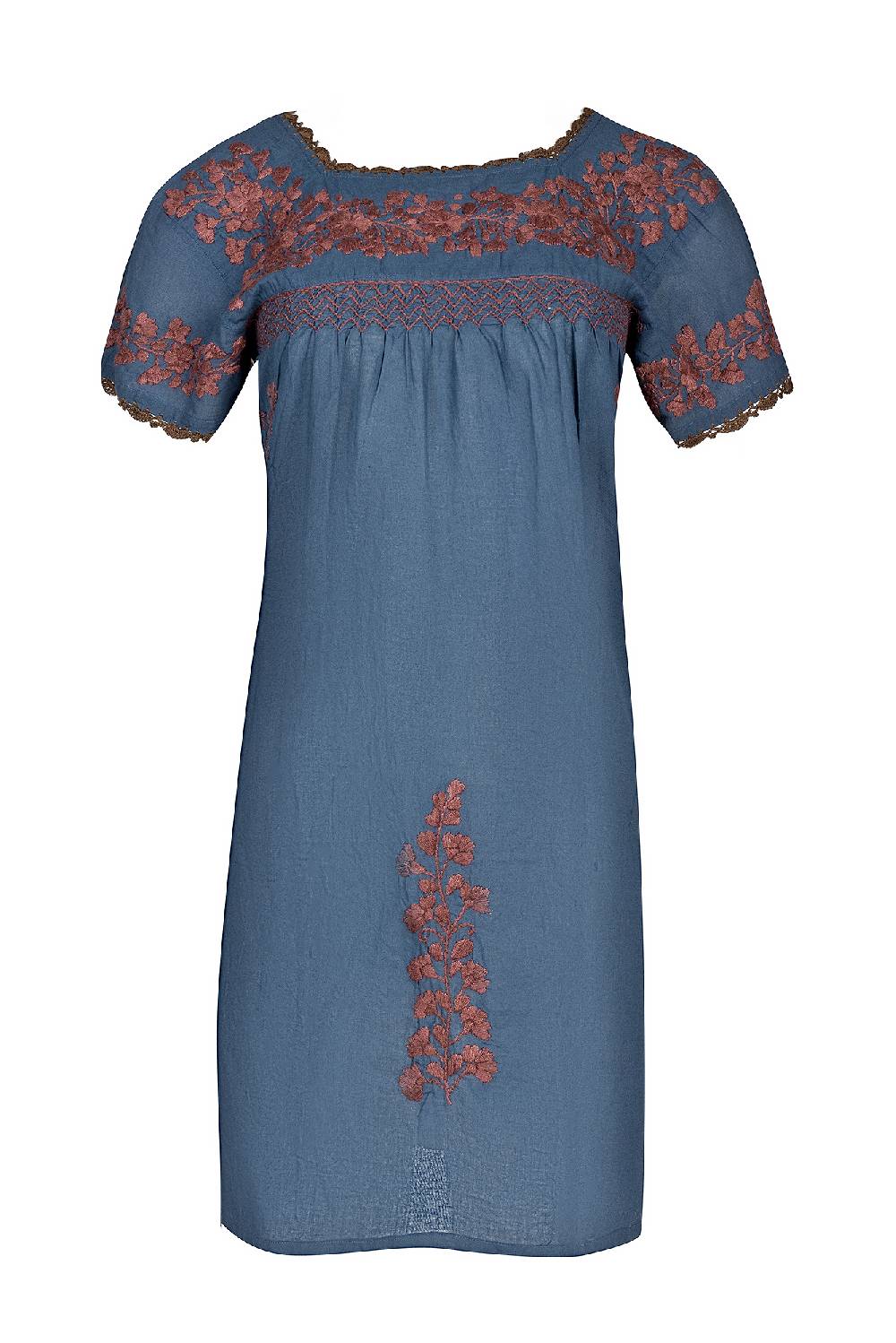 Louis & Louisa Tunika handbestickt, Damen, taubenblau / braun, kurzarm Louis & Louisa Tunika handbestickt, Damen, taubenblau / braun, kurzarm