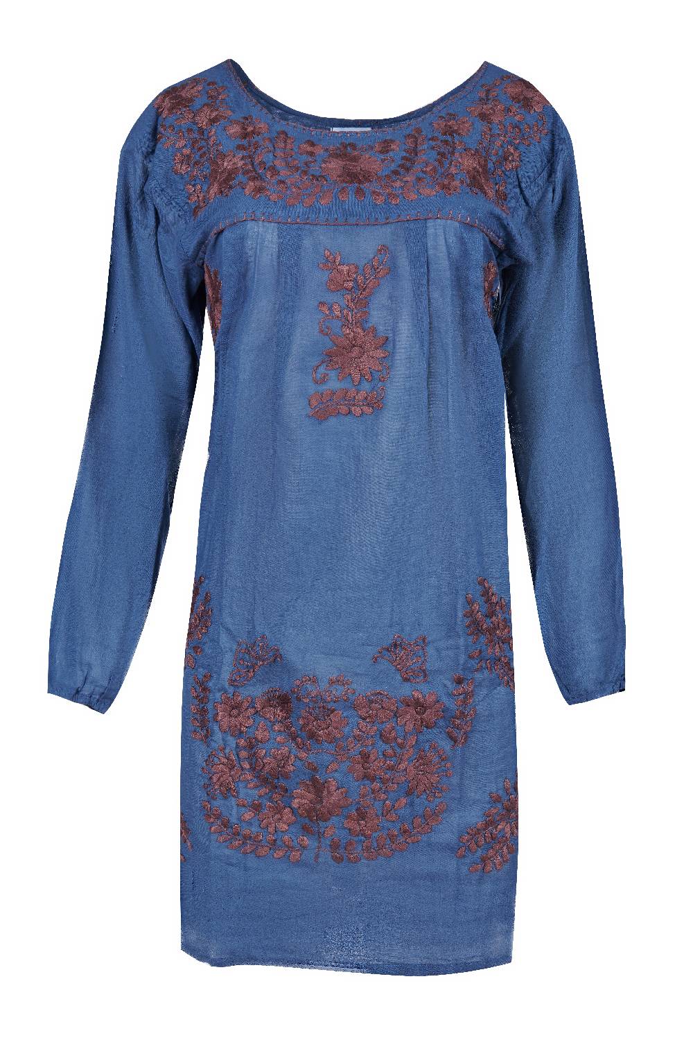 Louis & Louisa Tunika handbestickt, Damen, taubenblau / braun, langarm Louis & Louisa Tunika handbestickt, Damen, taubenblau / braun, langarm