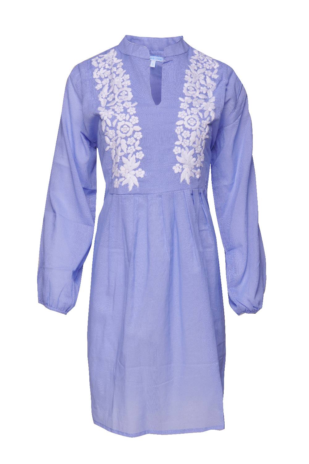 Louis & Louisa Tunika handbestickt V-Schnitt, Damen, blau / weiß