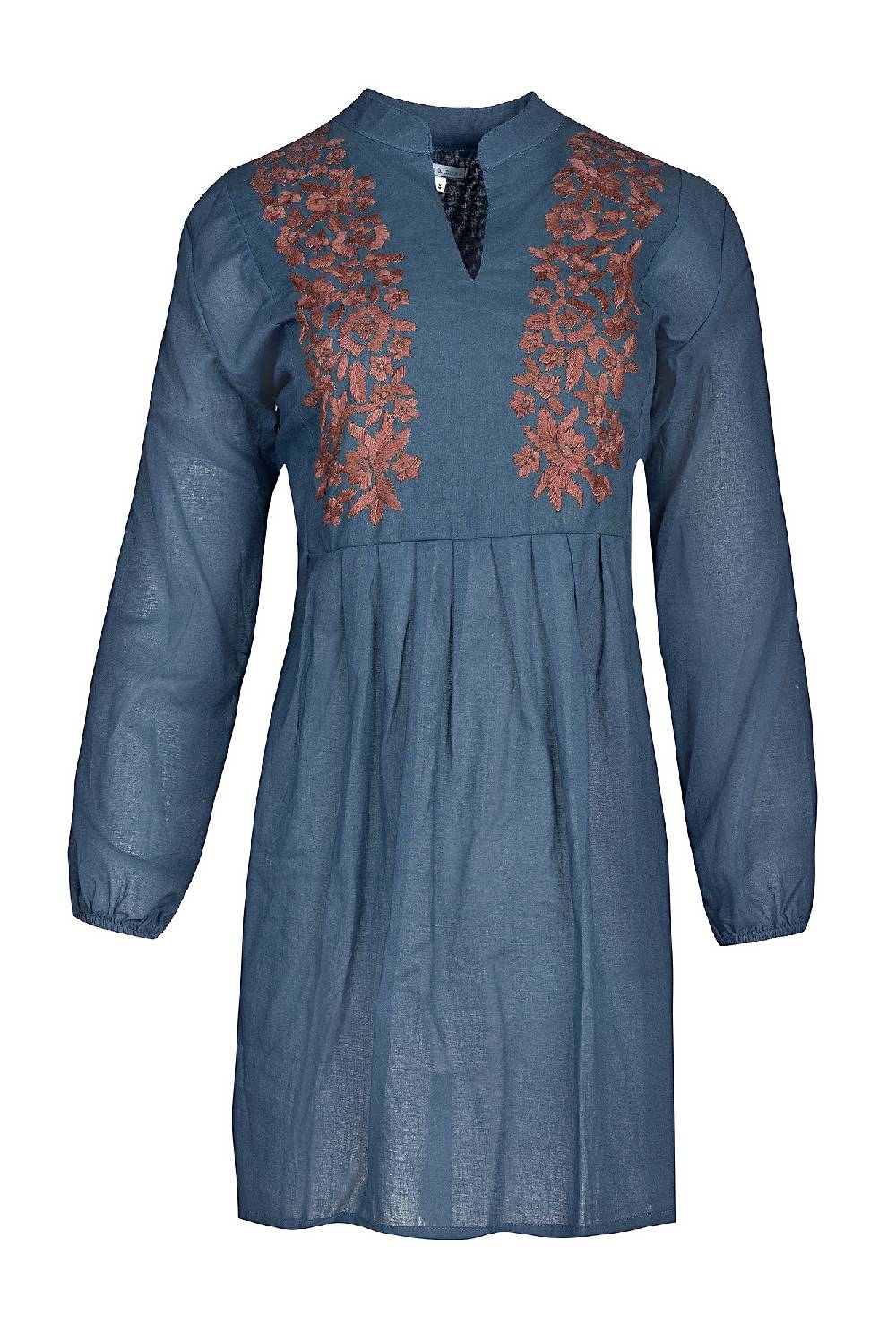 Louis & Louisa Tunika handbestickt V-Schnitt, Damen, taubenblau / braun