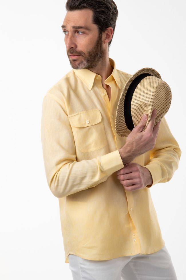 Aplomb Hemd Herren Aplomb Classic Einfarbig 100% Leinen Kragen Button-Down Lange Ärmel