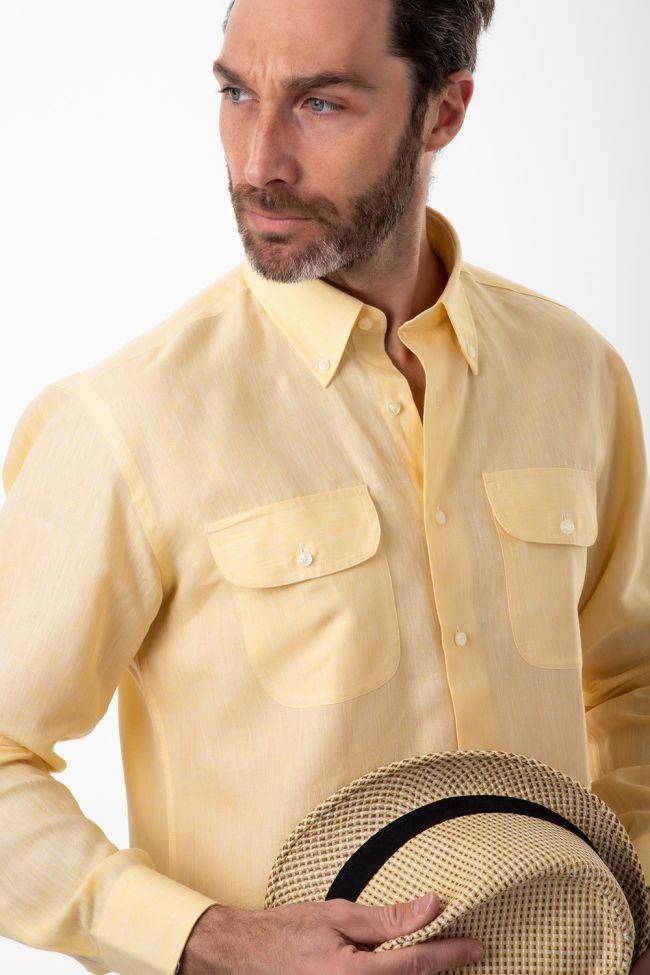 Aplomb Hemd Herren Aplomb Classic Einfarbig 100% Leinen Kragen Button-Down Lange Ärmel