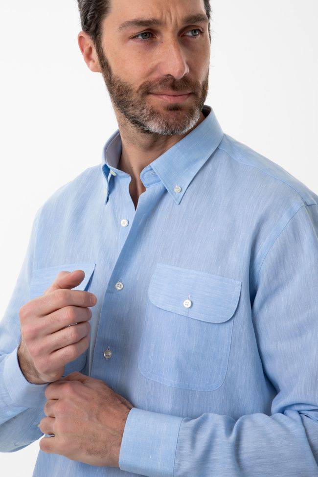 Aplomb Hemd Herren Aplomb Classic Einfarbig 100% Leinen Kragen Button-Down Lange Ärmel