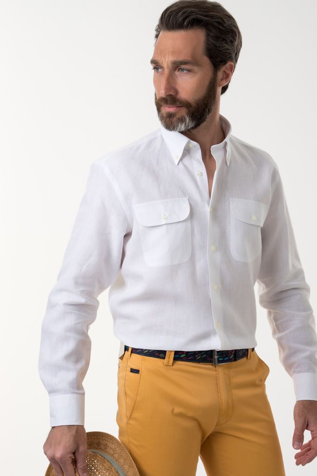 Aplomb Hemd Herren Aplomb Classic Einfarbig 100% Leinen Kragen Button-Down Lange Ärmel