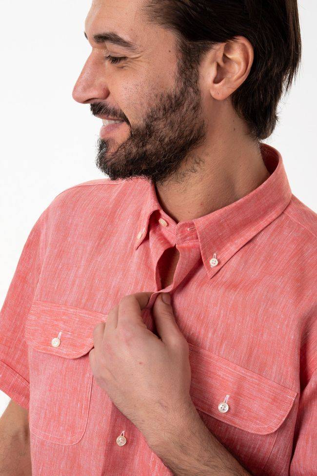 Aplomb Hemd Herren Aplomb Classic Einfarbig 100% Leinen Kragen Button-Down Kurze Ärmel