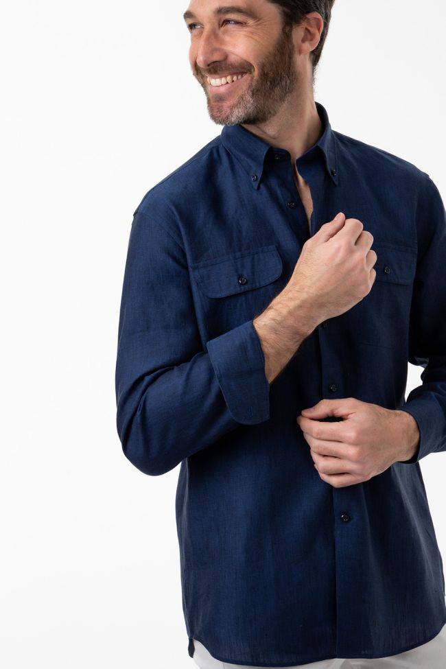 Aplomb Hemd Herren Aplomb Classic Einfarbig 100% Leinen Kragen Button-Down Lange Ärmel