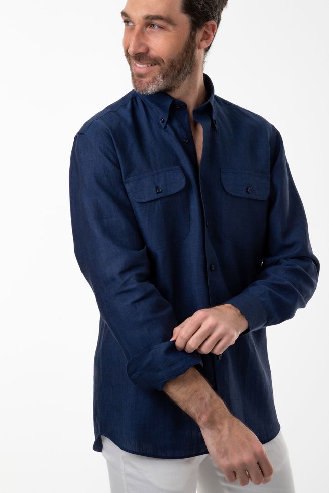 Aplomb Hemd Herren Aplomb Classic Einfarbig 100% Leinen Kragen Button-Down Lange Ärmel