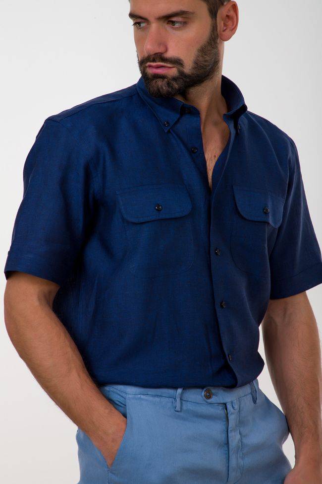 Aplomb Hemd Herren Aplomb Classic Einfarbig 100% Leinen Kragen Button-Down Kurze Ärmel