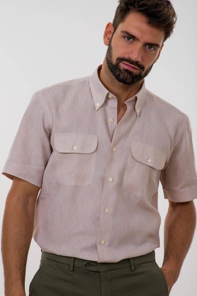 Aplomb Hemd Herren Aplomb Classic Einfarbig 100% Leinen Kragen Button-Down Kurze Ärmel
