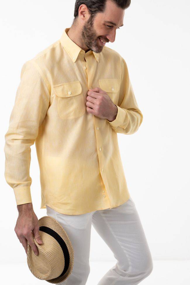 Aplomb Hemd Herren Aplomb Classic Einfarbig 100% Leinen Kragen Button-Down Lange Ärmel