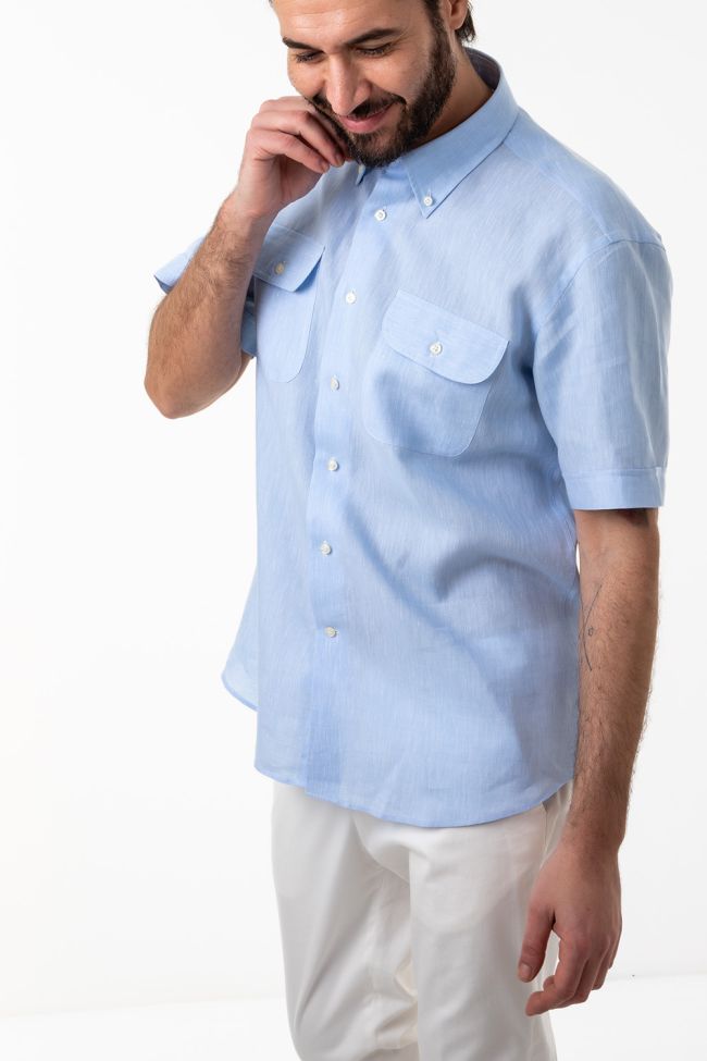 Aplomb Hemd Herren Aplomb Classic Einfarbig 100% Leinen Kragen Button-Down Kurze Ärmel