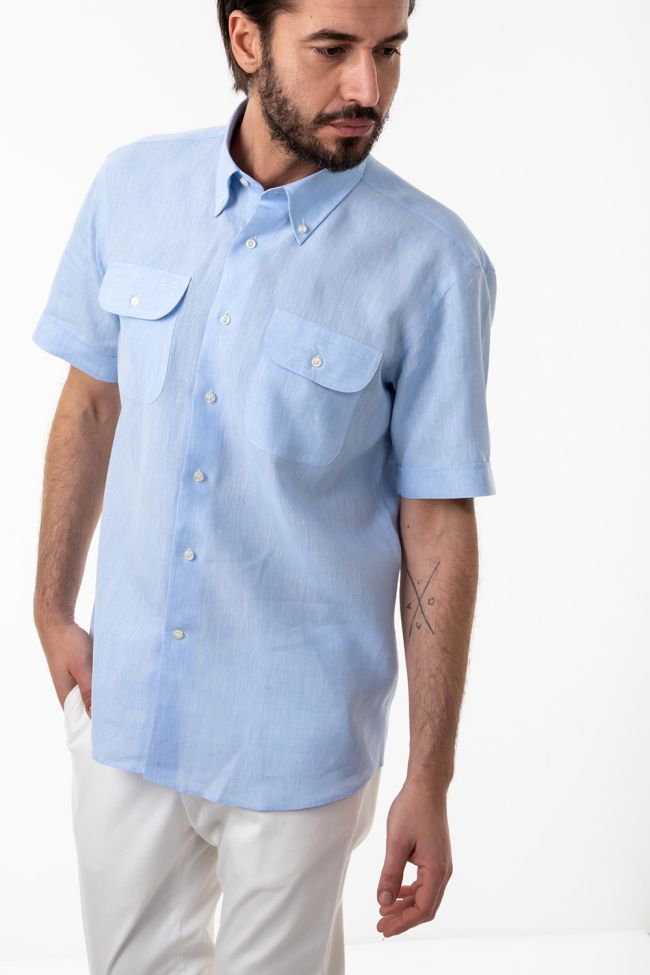 Aplomb Hemd Herren Aplomb Classic Einfarbig 100% Leinen Kragen Button-Down Kurze Ärmel