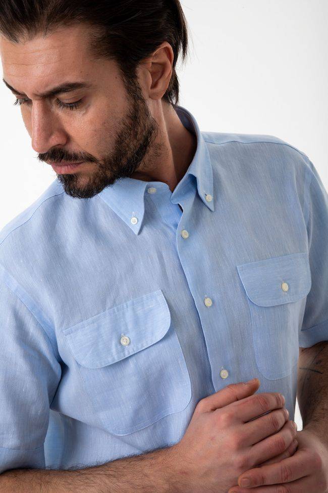 Aplomb Hemd Herren Aplomb Classic Einfarbig 100% Leinen Kragen Button-Down Kurze Ärmel