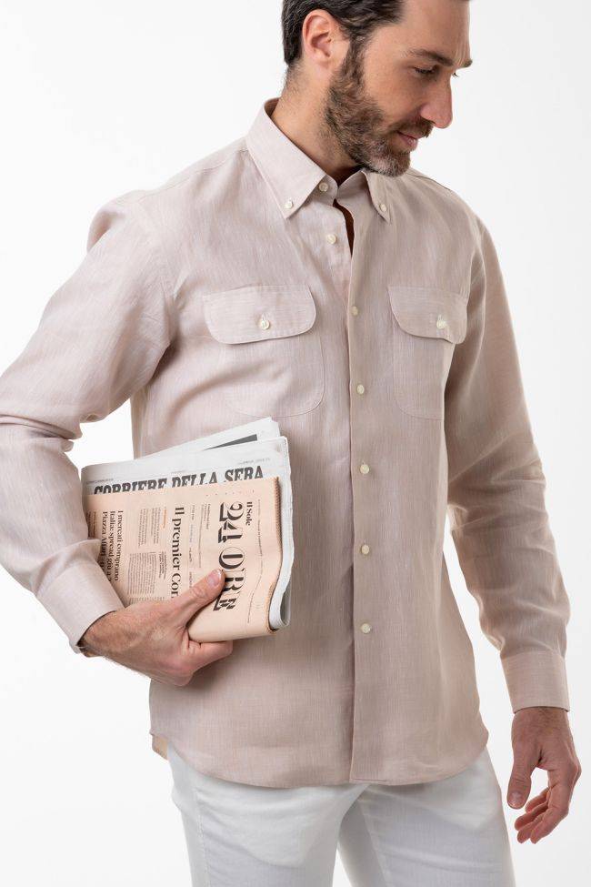 Aplomb Hemd Herren Aplomb Classic Einfarbig 100% Leinen Kragen Button-Down Lange Ärmel