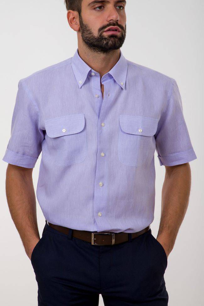 Aplomb Hemd Herren Aplomb Classic Einfarbig 100% Leinen Kragen Button-Down Kurze Ärmel