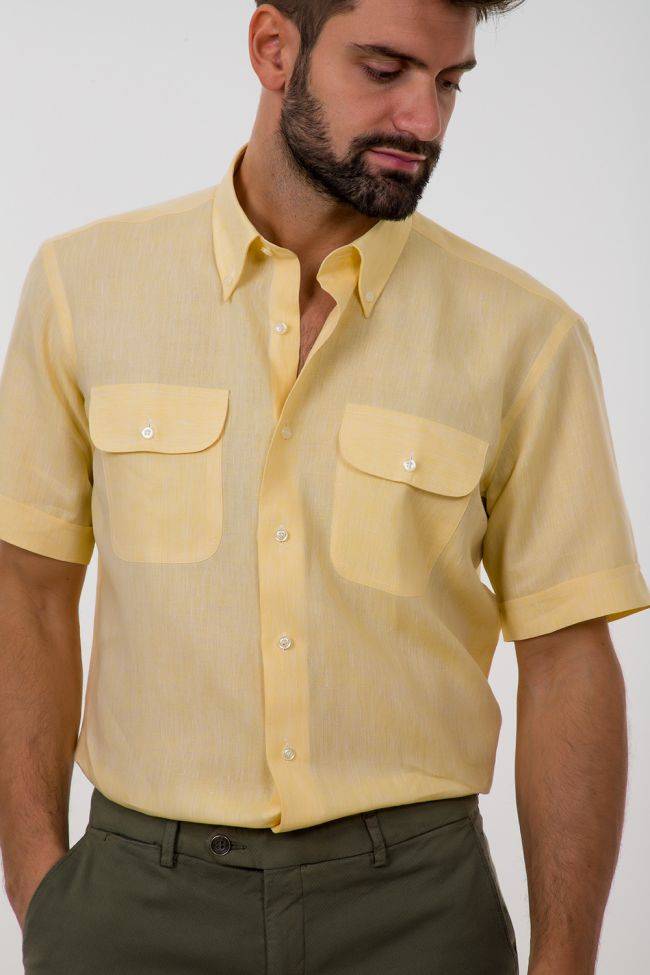 Aplomb Hemd Herren Aplomb Classic Einfarbig 100% Leinen Kragen Button-Down Kurze Ärmel