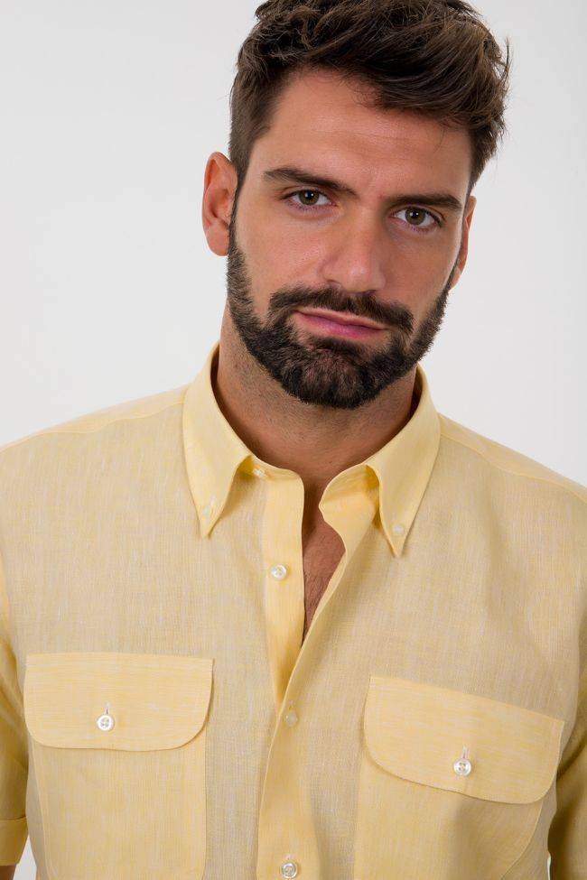 Aplomb Hemd Herren Aplomb Classic Einfarbig 100% Leinen Kragen Button-Down Kurze Ärmel