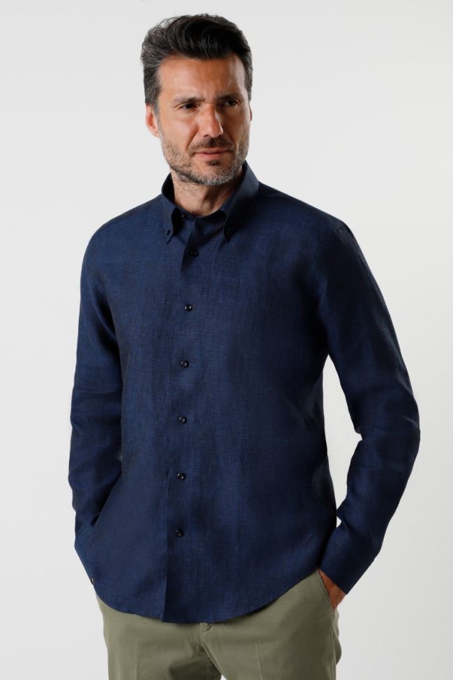 Aplomb Hemd Herren Aplomb Regular Einfarbig 100% Leinen Kragen Button-Down Lange Ärmel