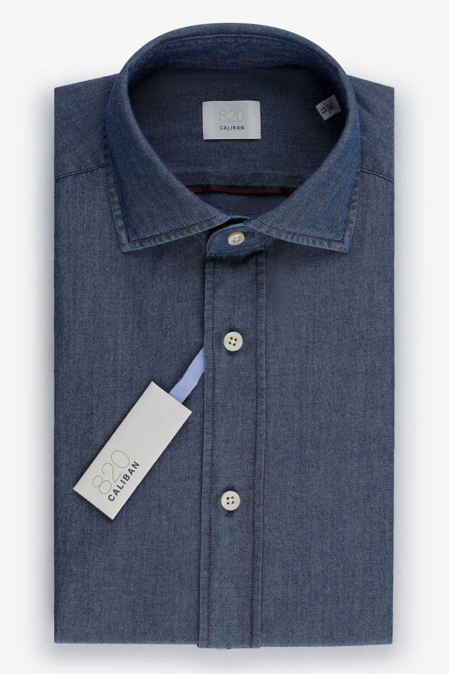 caliban Hemd Herren Caliban Regular Einfarbig 100% Baumwolle Denim Jeans kragen Französisch Lange Ärmel