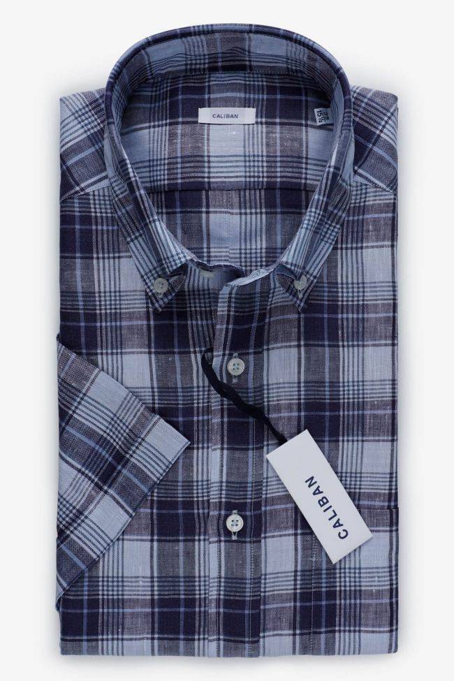caliban Hemd Herren Caliban Regular Karo 100% Leinen kragen Button-Down Kurze Ärmel