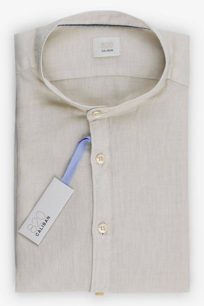 caliban Hemd Herren Caliban Slim Einfarbig 100% Leinen kragen Mandarinkragen Lange Ärmel