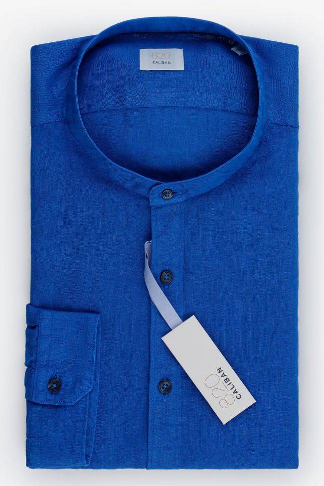 caliban Hemd Herren Caliban Slim Einfarbig 100% Leinen kragen Mandarinkragen Lange Ärmel
