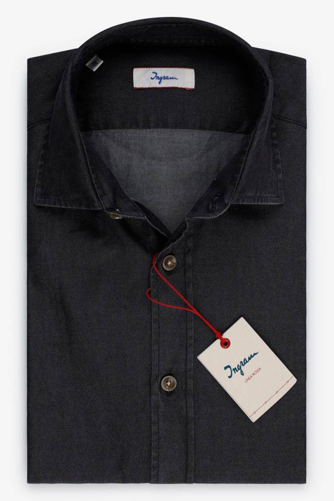 ingram Hemd Herren Ingram Slim Einfarbig 100% Baumwolle Denim Jeans kragen Italienisch Lange Ärmel