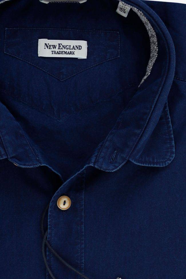 New England Hemd Herren New England Regular Einfarbig 100% Baumwolle Denim Jeans Kragen Französisch Lange Ärmel