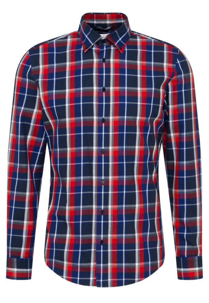 Seidensticker Hemd Herren Seidensticker Slim Bügelfreie Karo Kragen Button-Down Lange Ärmel