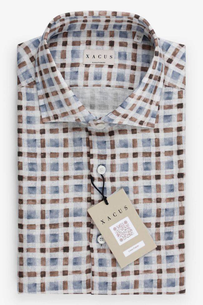 Xacus Hemd Herren Xacus Classic Karo 100% Leinen Kragen Französisch Lange Ärmel