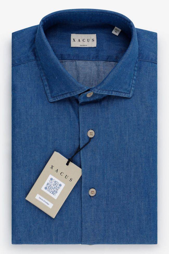 xacus Hemd Herren Xacus Regular Einfarbig 100% Baumwolle Denim Jeans kragen Französisch Lange Ärmel