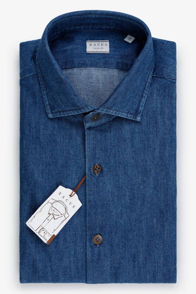 xacus Hemd Herren Xacus Regular Einfarbig 100% Baumwolle Denim Jeans kragen Französisch Lange Ärmel