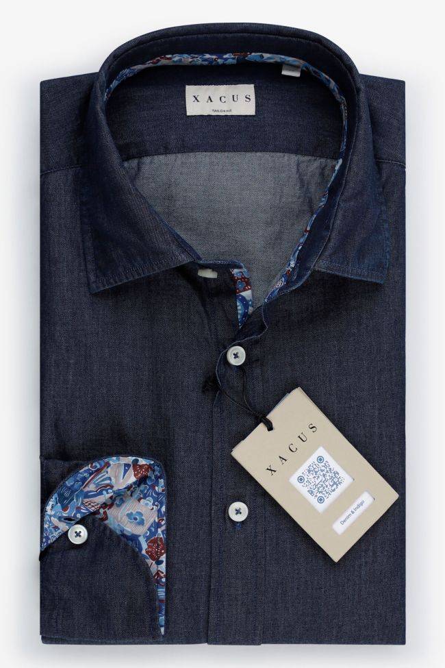 xacus Hemd Herren Xacus Regular Einfarbig 100% Baumwolle Denim Jeans kragen Französisch Lange Ärmel