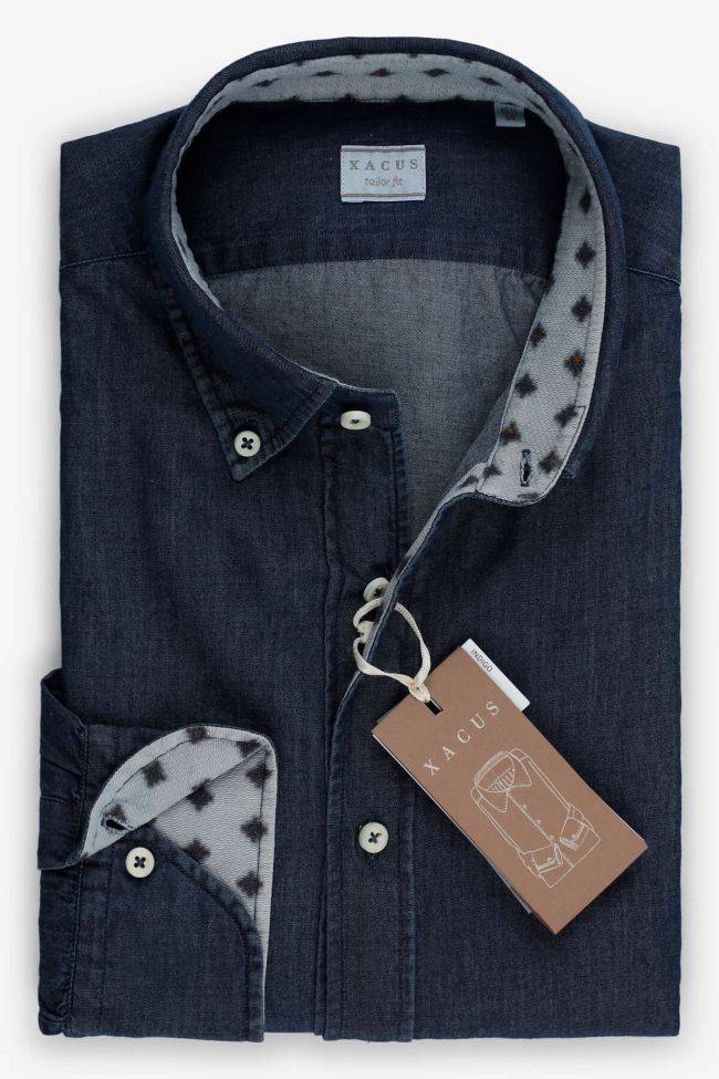 xacus Hemd Herren Xacus Regular Einfarbig 100% Baumwolle Denim Jeans kragen Button-Down Lange Ärmel