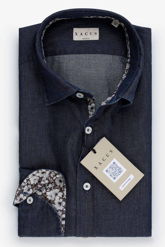 xacus Hemd Herren Xacus Regular Einfarbig 100% Baumwolle Denim Jeans kragen Italienisch Lange Ärmel