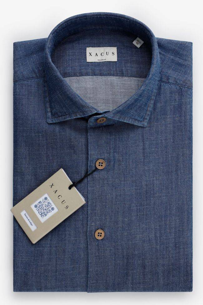 xacus Hemd Herren Xacus Regular Einfarbig 100% Baumwolle Denim Jeans kragen Französisch Lange Ärmel