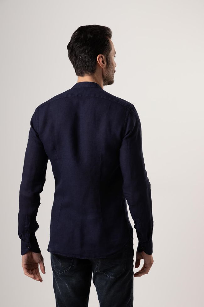 Xacus Hemd Herren Xacus Regular Einfarbig 100% Leinen Kragen Mandarinkragen Lange Ärmel