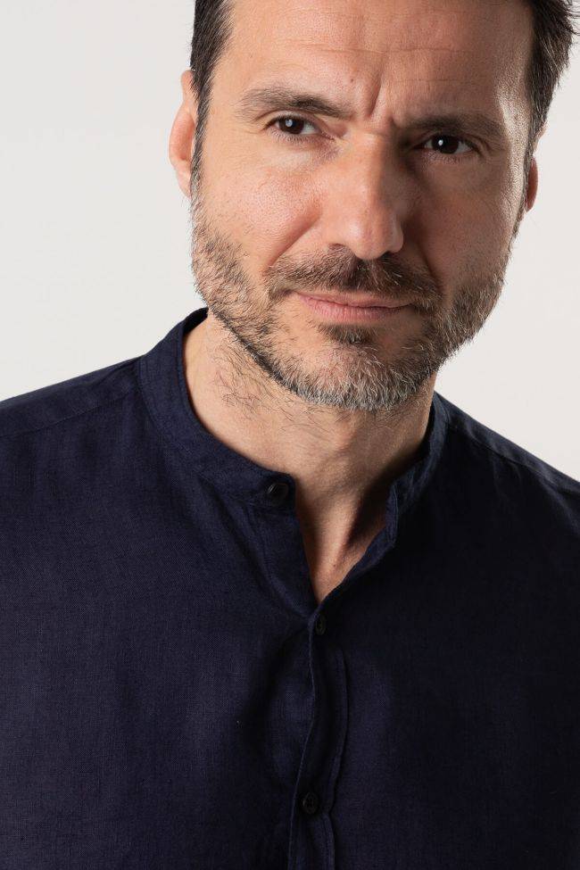 Xacus Hemd Herren Xacus Regular Einfarbig 100% Leinen Kragen Mandarinkragen Lange Ärmel