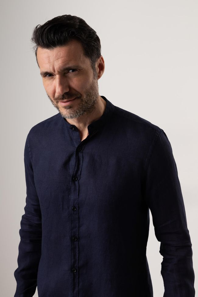 xacus Hemd Herren Xacus Regular Einfarbig 100% Leinen kragen Mandarinkragen Lange Ärmel